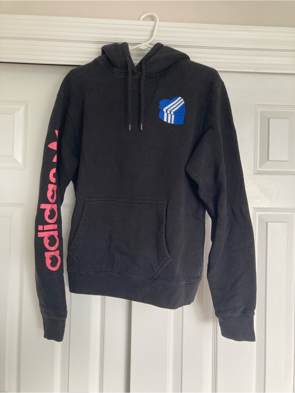 adidas Black Crewneck Hoodie with Pink Sleeve Logo and Blue Chest Graphic